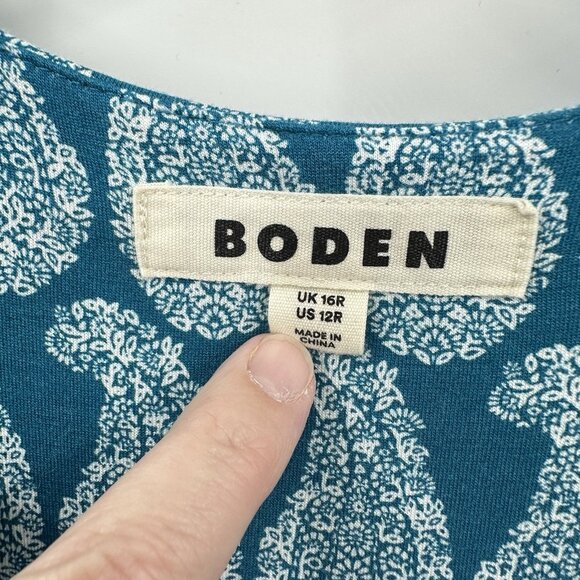 BODEN REBECCA dress midi jersey tea paisley stretch knit v neck blue teal 12R - Picture 8 of 10